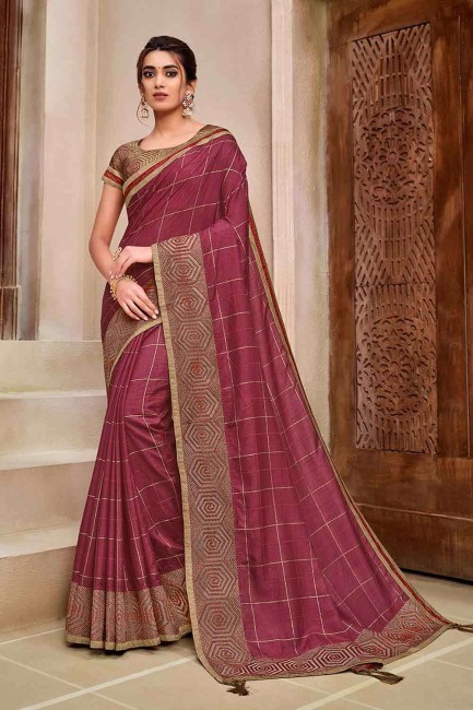 Pink & Magenta Saree in Tussar Silk with Embroidered