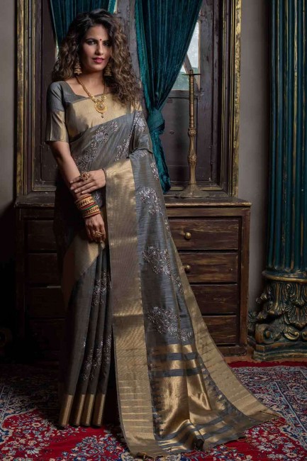 Grey Saree in Handloom Silk with Embroidered