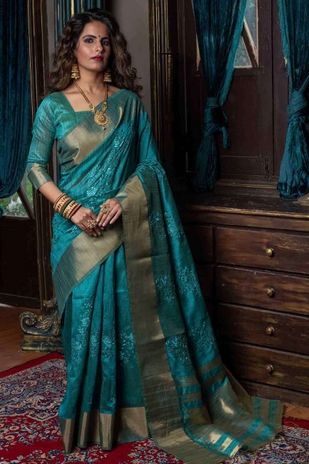 Embroidered Handloom Silk Saree in Blue