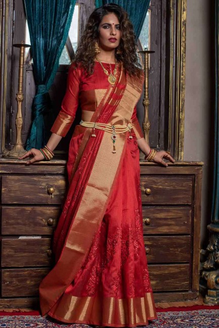 Embroidered Handloom Silk Saree in Red