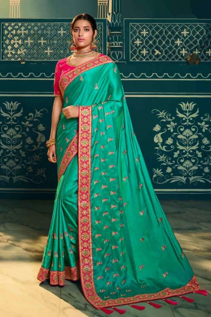 Embroidered Chiffon Teal Saree Blouse