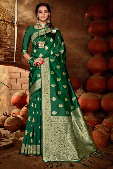 Green Banarasi Saree with Weaving Banarasi raw Silk