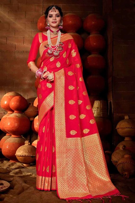 Classy Banarasi Saree in Tamato Red Banarasi raw Silk with Weaving