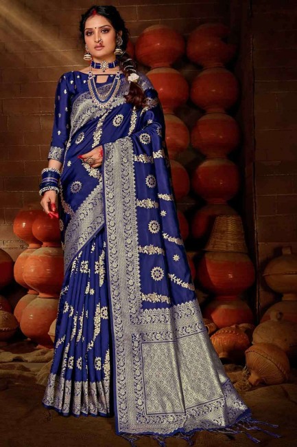 Navy Blue Weaving Banarasi Saree in Banarasi raw Silk