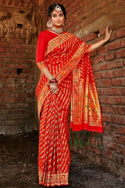 Weaving Banarasi raw Silk Red Banarasi Saree Blouse