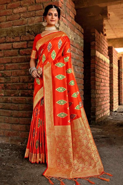 Orange Banarasi raw Silk Banarasi Saree with Weaving