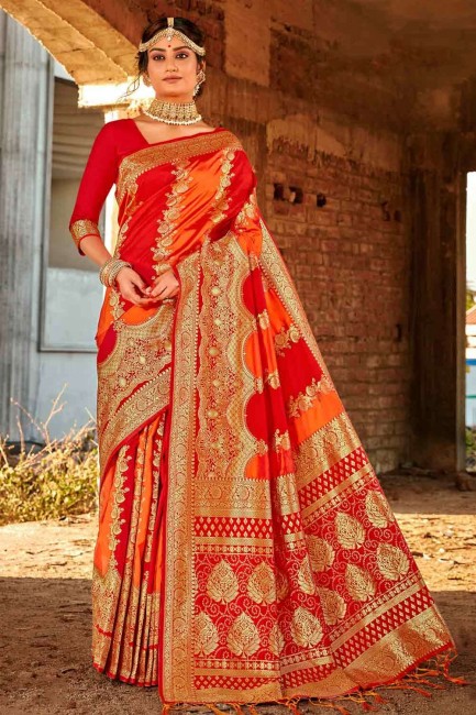 Weaving Banarasi raw Silk Banarasi Saree in Red with Blouse