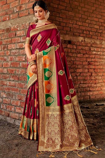 Banarasi Saree in Maroon Banarasi raw Silk with Weaving