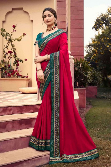 Traditional Maroon Embroidered Saree in Silk