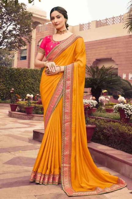 Silk Saree in Mustard  with Embroidered