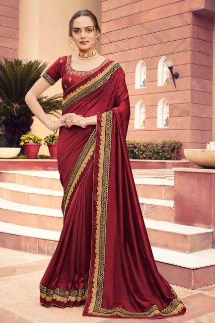 Maroon Saree with Embroidered Silk