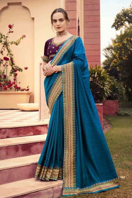 Fashionable Blue Silk Saree with Embroidered