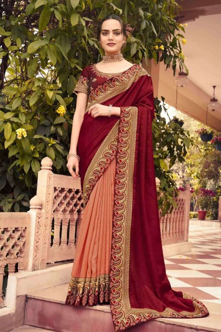 New Silk Embroidered Maroon Saree with Blouse