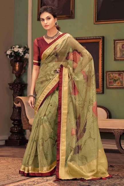 Khaki  Chiffon Saree with Printed