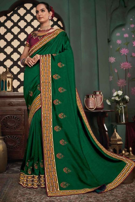 Gorgeous Embroidered Saree in Green Art Silk
