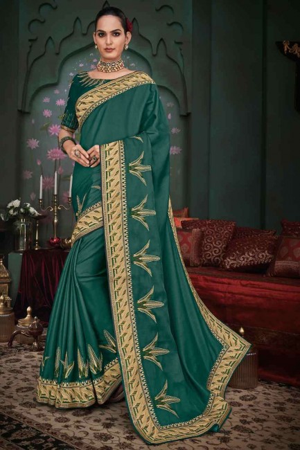 Appealing Embroidered Saree in Green Art Silk
