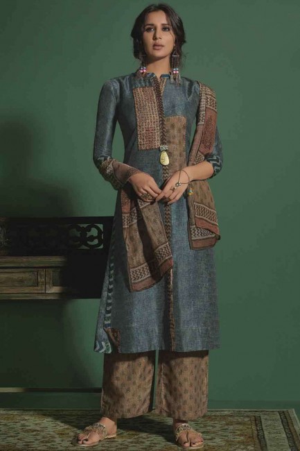 Cotton Palazzo Suit in Brown with dupatta