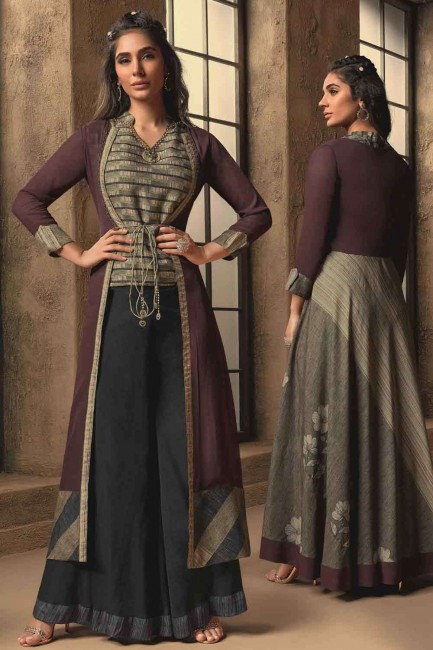 Grey Silk Cotton Anarkali Suit with dupatta