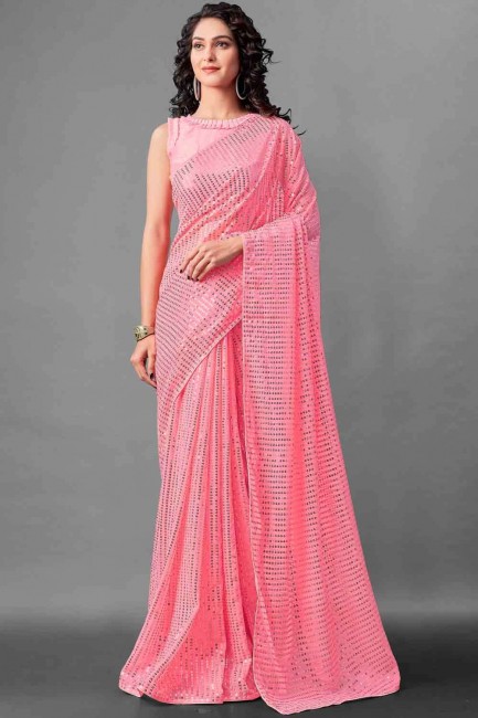 Indian Ethnic Georgette Embroidered Pink Saree with Blouse
