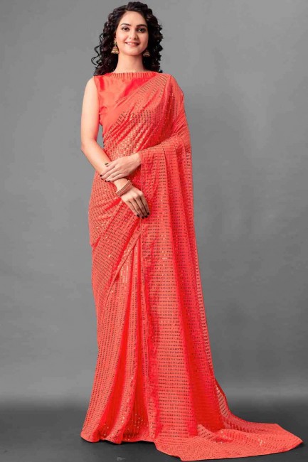 Georgette Saree in tomato Red with Embroidered