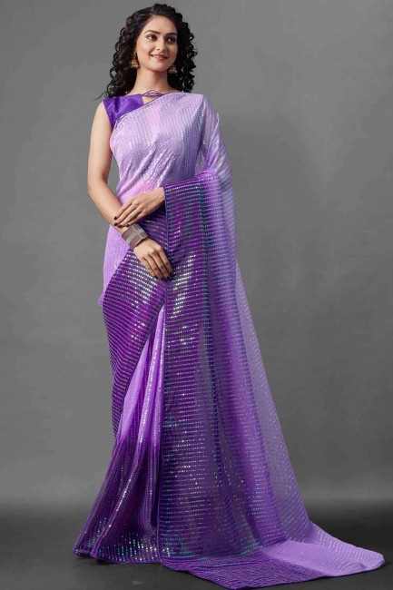 Embroidered Georgette Saree in Violet with Blouse