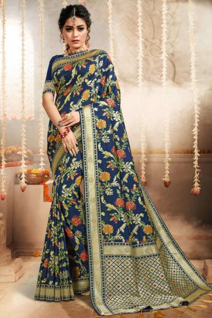 Saree in Blue Silk with Weaving