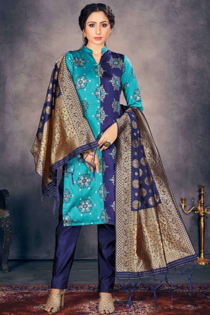 Banarasi raw Silk Straight Suit in Blue with dupatta