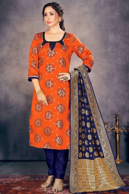 Banarasi raw Silk Straight Suit with Banarasi raw Silk in Orange