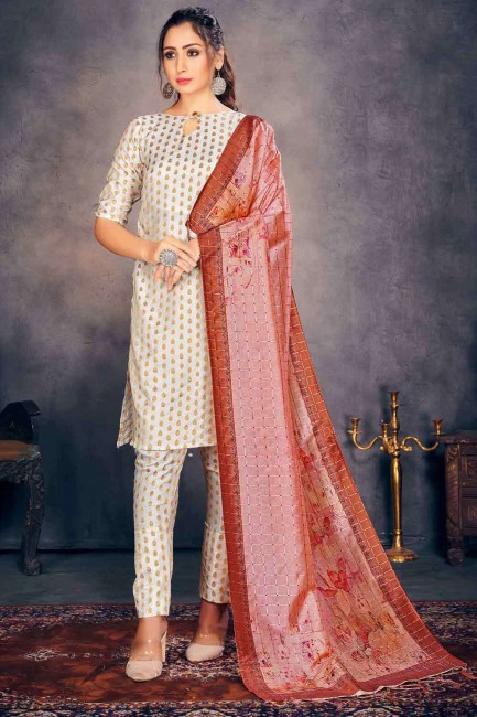 Beige Banarasi raw Silk Straight Suit