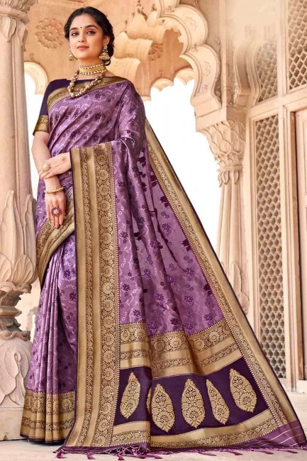 Latest Ethnic Purple Hand Banarasi raw Silk Banarasi Saree