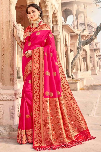 Pink Banarasi Saree in Banarasi raw Silk with Hand