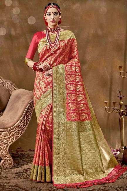 Classy Red Banarasi Saree in Banarasi raw Silk with Weaving