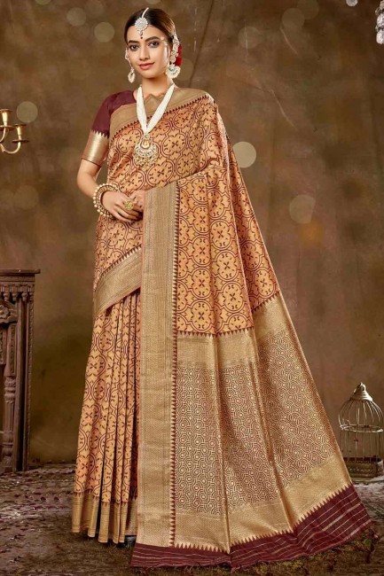Banarasi raw Silk Banarasi Saree with Weaving in Brown