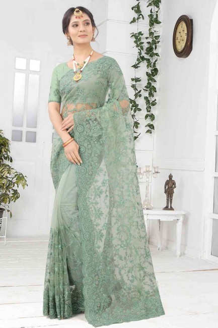 fennel Green Saree in Embroidered Net