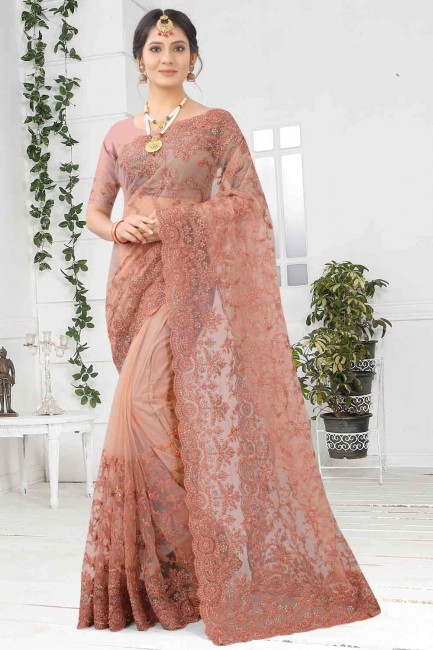 Net Saree with Embroidered in Rust 
