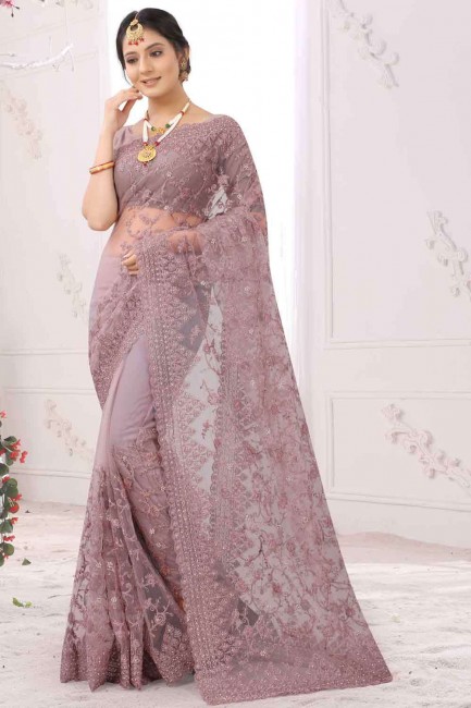 Net Embroidered Violet Saree with Blouse