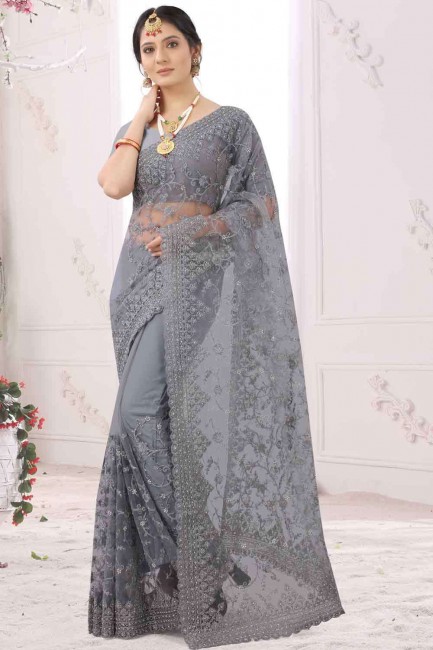 Designer Embroidered Net Grey Saree Blouse