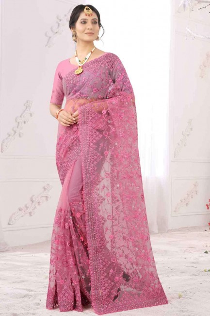 Dazzling Net Pink Saree in Embroidered