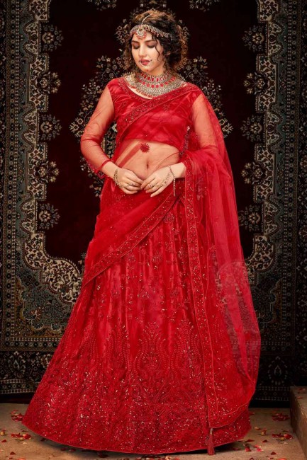 Net Wedding Lehenga Choli in Red