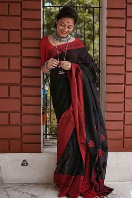 Black Printed Saree in Chanderi & Cotton with Printed