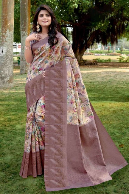 Violet Printed Saree in Linen