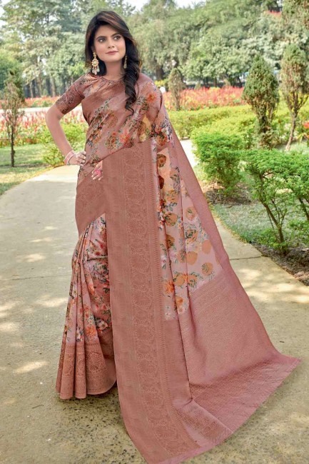 Printed Linen Saree in Brown with Blouse