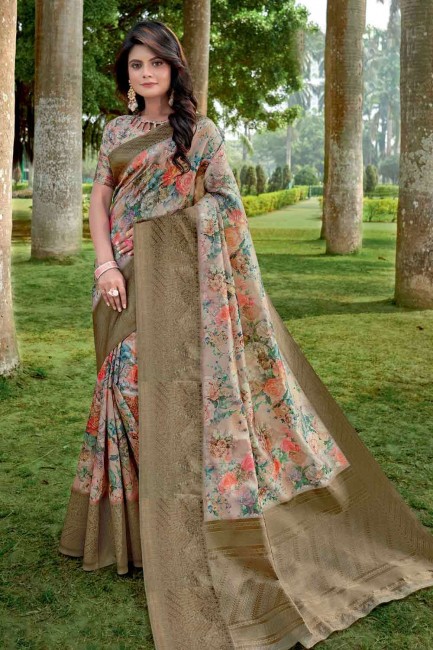 Khaki  Saree with Printed Linen