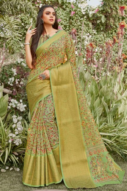 Classy Printed Saree in Green Linen