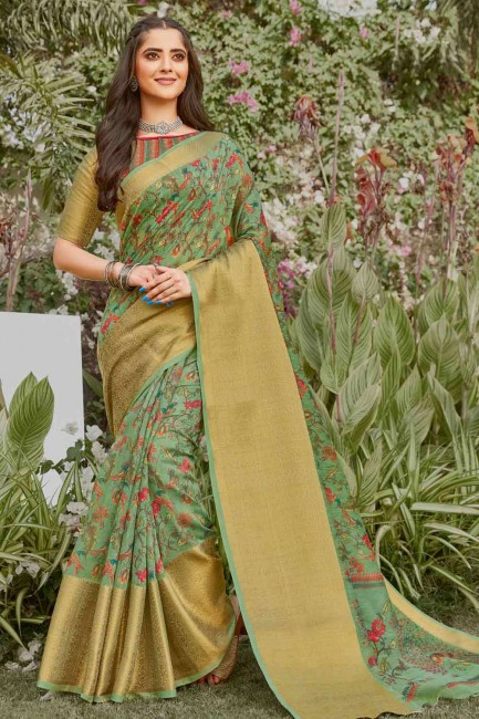 Linen Saree in Mehendi  with Printed