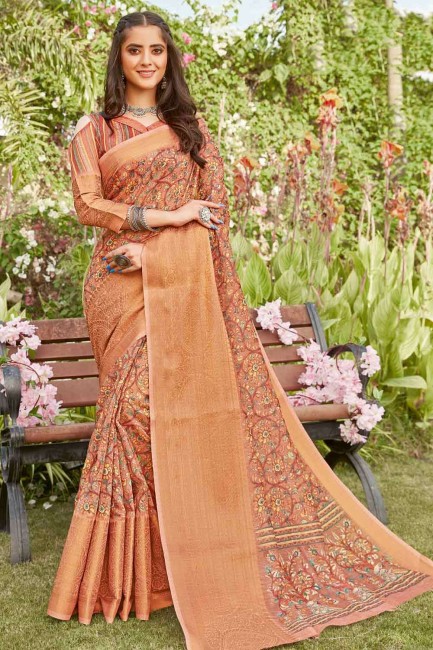 Linen Pink Saree in Printed