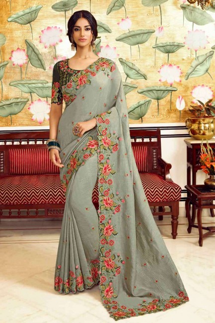 Alluring Grey Embroidered Saree in Silk