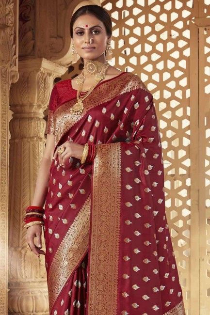 Maroon Weaving Banarasi Saree in Banarasi raw Silk