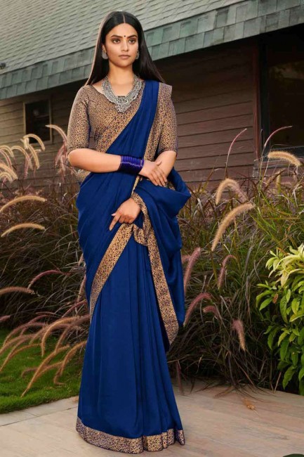Ethinc Silk Saree with Embroidered in Navy Blue