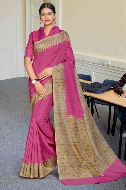 Magenta Cotton & Manipuri Printed Saree with Blouse